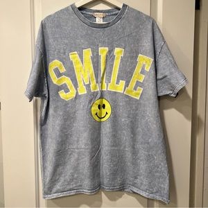 Altar'd State Sky Blue Tie Dye Oversized Yellow Smile Graphic Print T-Shirt M/L